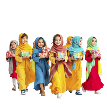 Muslim children in colorful clothes holding presents png