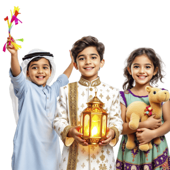 Three children in arabic clothing holding a lantern png