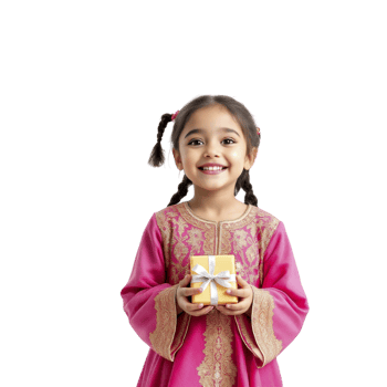 A little girl in a pink dress holding a gift box png