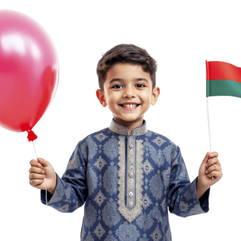 A young boy in traditional clothing holding a red and white flag png