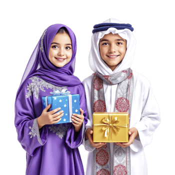 Two children dressed in traditional arabic clothing holding gifts png