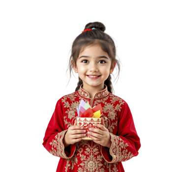 A little girl in a red dress holding a gift png