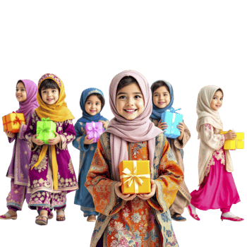 Muslim children holding presents in different colors png