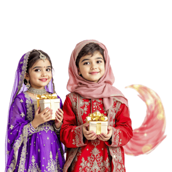 Two children dressed in traditional clothing holding gifts png