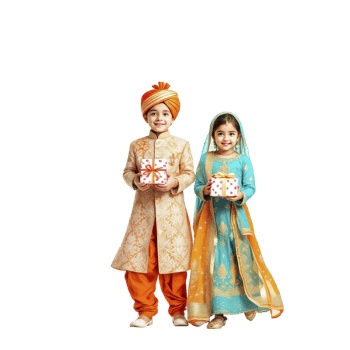 Two children dressed in traditional indian clothing holding gifts png