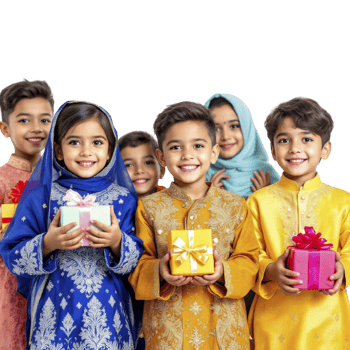 A group of children in traditional clothing holding gifts png