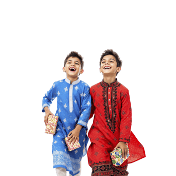 Two boys in traditional indian clothing are holding gifts png