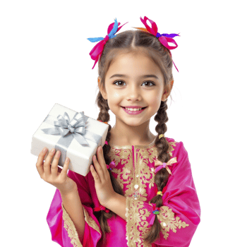 A little girl in a pink dress holding a gift box png