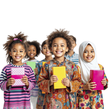 Children in colorful clothing holding books png