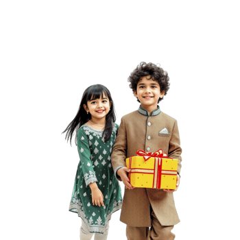 Two children in traditional indian clothing holding a gift box png