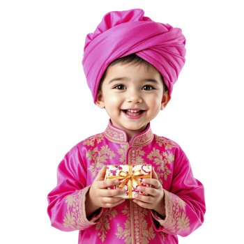 A little boy in a pink turban holding a gift png
