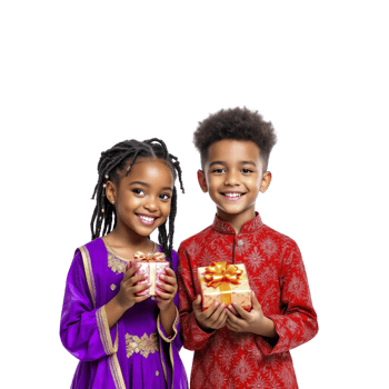 Two children in traditional clothing holding presents png