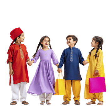 Four children in indian clothing holding shopping bags png