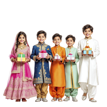 Indian kids in traditional clothes holding gifts png