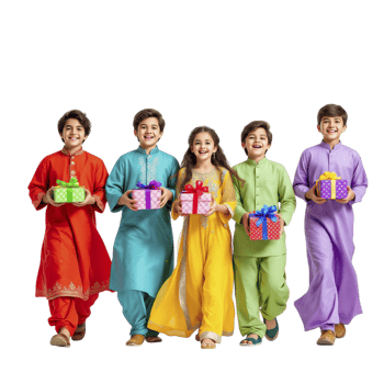 Five children in colorful outfits holding gifts png