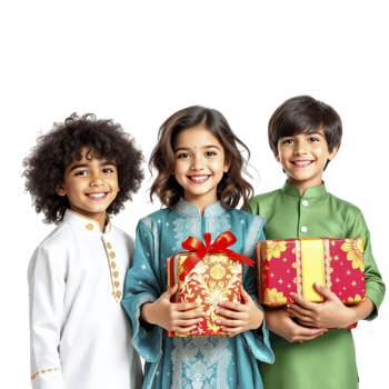 Three children in traditional clothing holding presents png