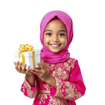 A little girl in a pink hijab holding a gift box png