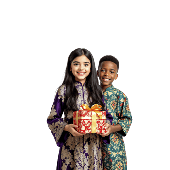 Two children in traditional clothing holding a gift box png