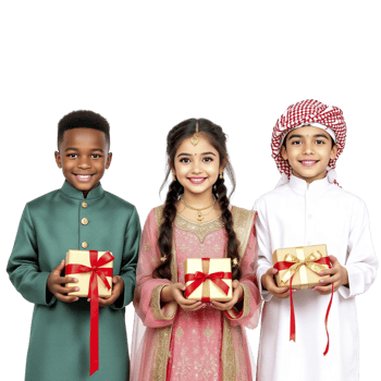 Three children in arabic clothing holding gift boxes png