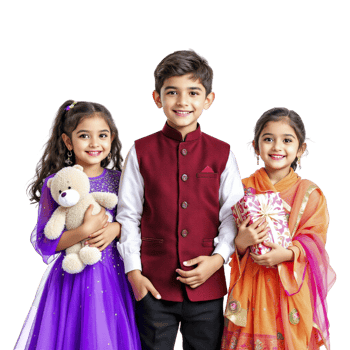 Three children in colorful outfits png