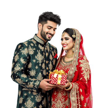 A man and woman in traditional indian attire holding a gift png
