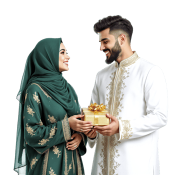 Muslim couple in traditional clothes holding gift box png