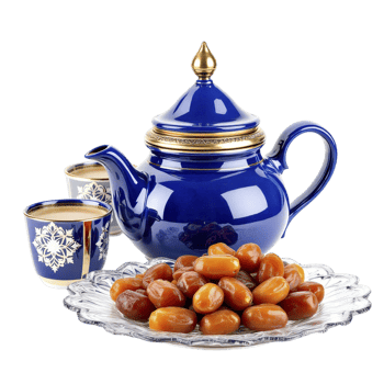 A blue teapot and two cups of dates png