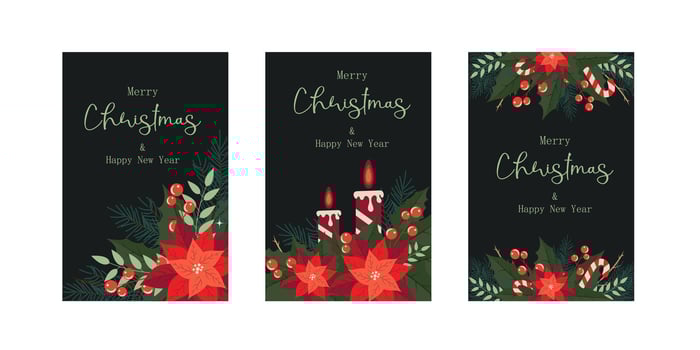 Set of beautiful card for Christmas and New Year. illustration with candles, pine branch, poinsettia, Christmas star, holly berry, branch, greetings. EPS10 vector