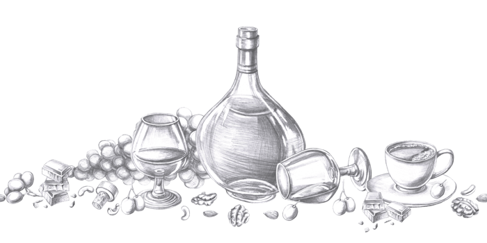 Seamless border with cognac glasses, bottle and grapes. Isolated pencil illustration on alcohol theme for restaurant interior design, menu, culinary magazines png