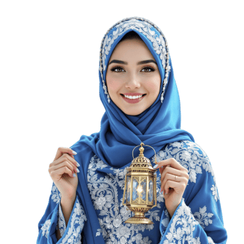 Beautiful muslim woman in traditional dress holding a lantern png