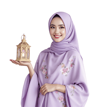 Beautiful muslim woman in purple hijab holding a lantern png