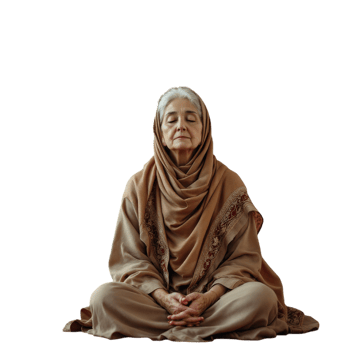 An elderly woman in a brown shawl sitting in a lotus position png