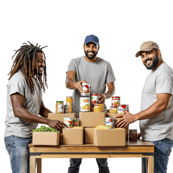 Three men standing around a table with boxes of food png