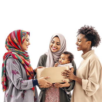 Three women in hijab holding a box png