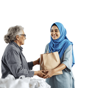 Muslim woman giving food to elderly woman png