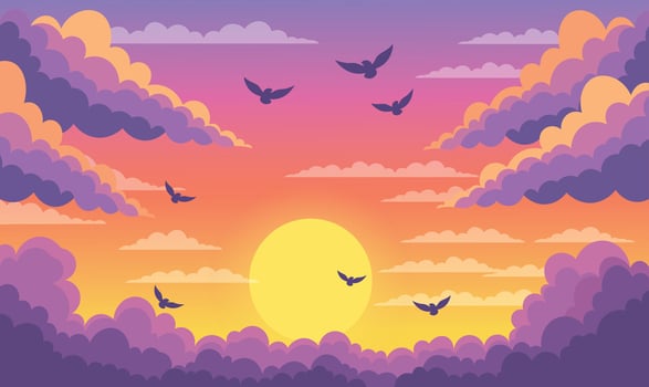 Birds Flying on Beautiful Majestic Sky Panoramic with Sun and Clouds at Sunset Sunrise vector