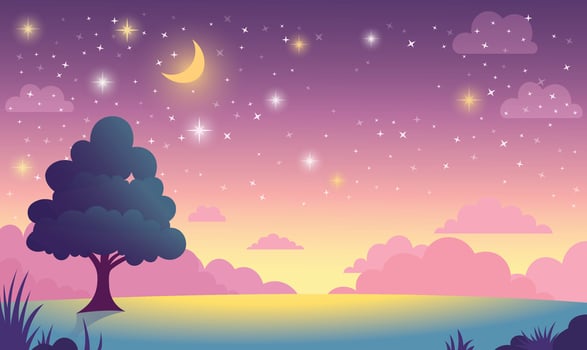 Tree in Nature Landscape with Beautiful Majestic Sky Panoramic with Crescent Moon at Night vector