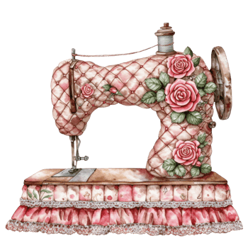 Watercolor illustration clipart of an ornate sewing machine wrapped in quilted fabric, decorated with delicate applique roses, lace accents, and tiny polka dots, png