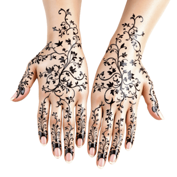 Two hands with black henna designs on them png