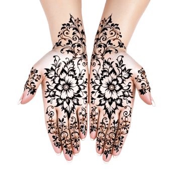 Two hands with black henna designs on them png