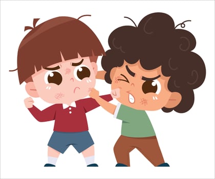 A dramatic and expressive digital illustration of two young boys engaged in a fight. vector