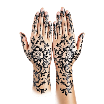Two hands with black henna designs on them png