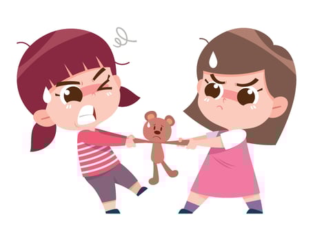 A lively and expressive digital illustration of two young girls arguing and pulling on a teddy bear, both determined to keep it. vector