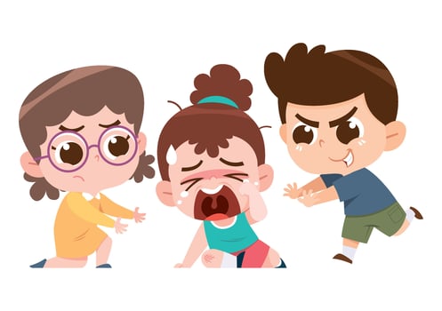 A digital illustration depicting a dramatic bullying scene between three children. vector