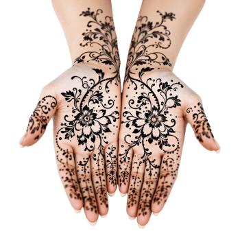 Two hands with black henna designs on them png