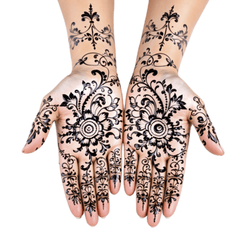Two hands with black henna designs on them png