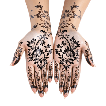 Two hands with black henna designs on them png