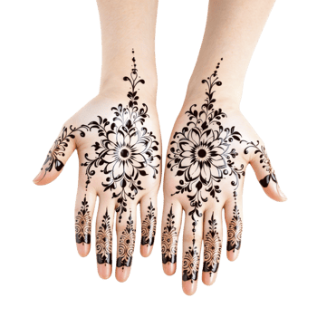 Two hands with black henna designs on them png