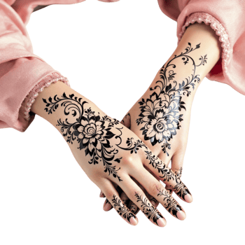 A woman's hands with henna designs on them png