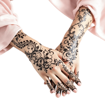 Hands with henna tattoo on black background png